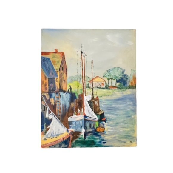 🎉PRICE REDUCED🎉 Nautical SAILBOATS AT DOCK Canvas Painting‎ 1974 Signed 20x16 - Picture 7 of 16